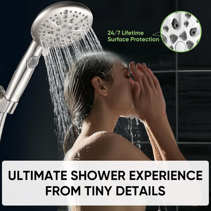 Cobbe High Pressure Shower Head with Built-in Pause Button, 9-Function Detachable Showerhead with Handheld Brass Swivel Bracket & Stainless Steel Hose, Water Saving 1-Click Stop, Brushed Nickel - Image 5